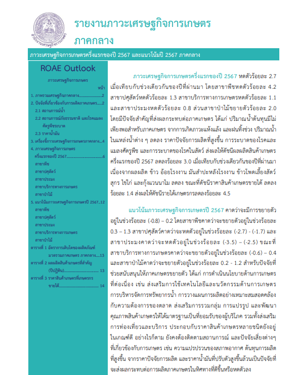 ภาวะเศรษฐกิจการเกษตรครึ่งปีแรกของปี 2567 และแนวโน้มปี 2567 ภาคกลาง