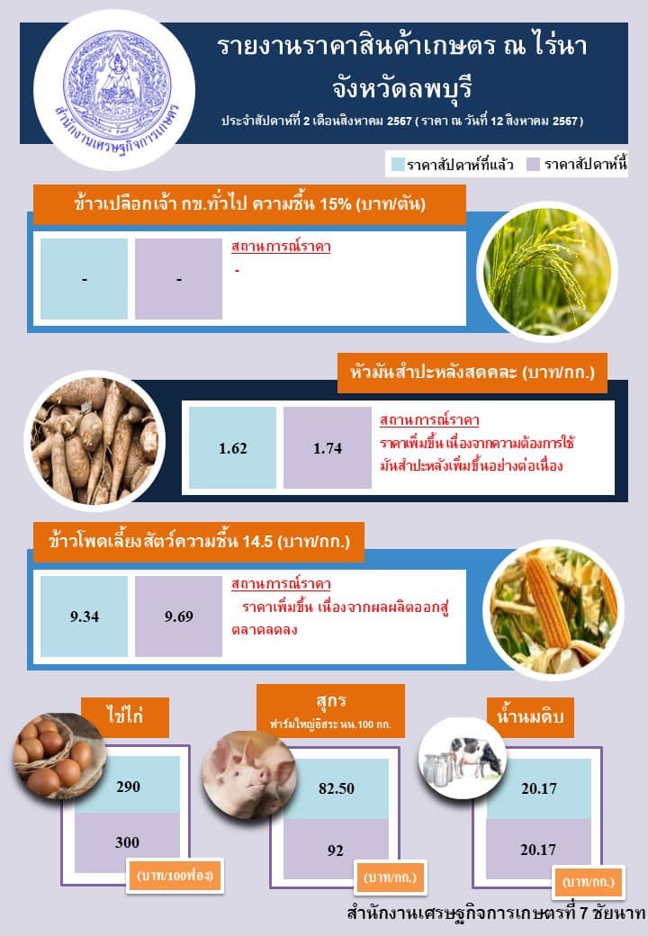 ราคา ณ วันที่ 12 สิงหาคม 2567) ในพื้นที่จังหวัดสระบุรี พระนครศรีอยุธยา ลพบุรี ปทุมธานี นนทบุรี ชัยนาท อ่างทอง สิงห์บุรี และจังหวัดสุพรรณบุรี