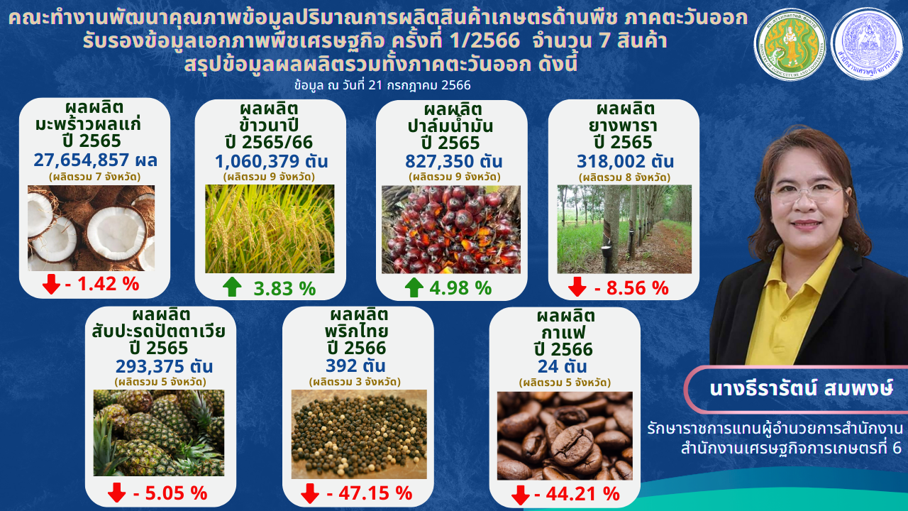 สศท.6 เผยผลการจัดทำข้อมูลเอกภาพพืชเศรษฐกิจ ครั้งที่ 1/2566 จำนวน 7 สินค้า