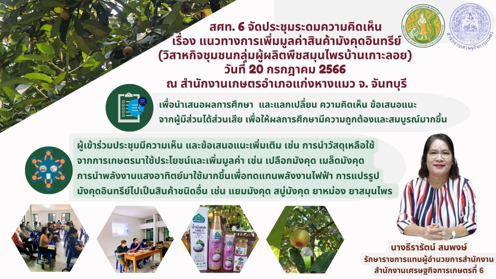 สศท.6 เผยผลการจัดประชุมระดมความคิดเห็นเรื่องแนวทางการเพิ่มมูลค่าสินค้ามังคุดอินทรีย์ กรณีศึกษาวิสาหกิจชุมชนกลุ่มผู้ผลิตพืชสมุนไพรบ้านเกาะลอย อำเภอแก่งหางแมว จังหวัดจันทบุรี