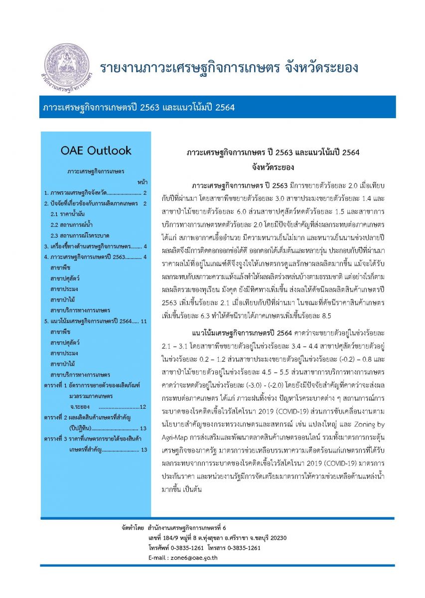 รายงานภาวะเศรษฐกิจการเกษตรปี 2567 จังหวัดระยอง และแนวโน้มปี 2568