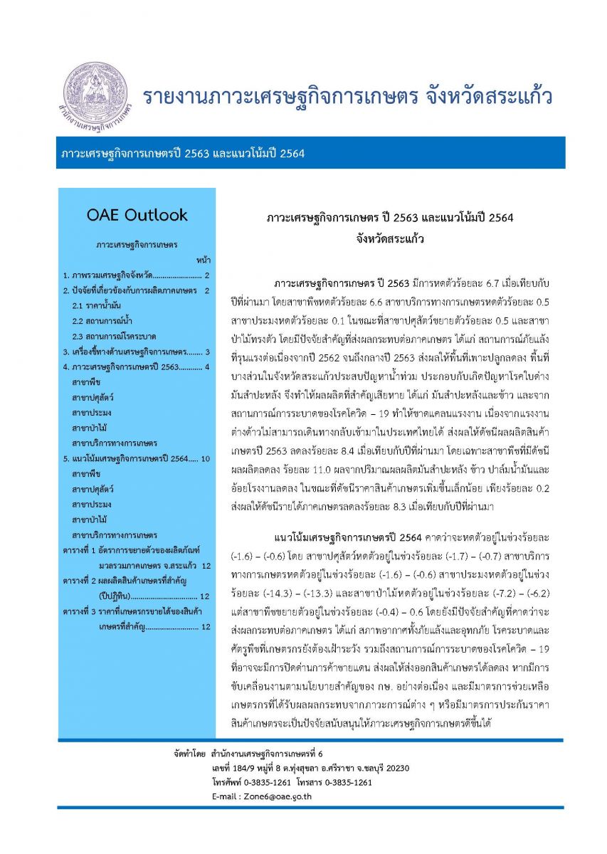 รายงานภาวะเศรษฐกิจการเกษตรปี 2567 จังหวัดสระแก้ว และแนวโน้มปี 2568 