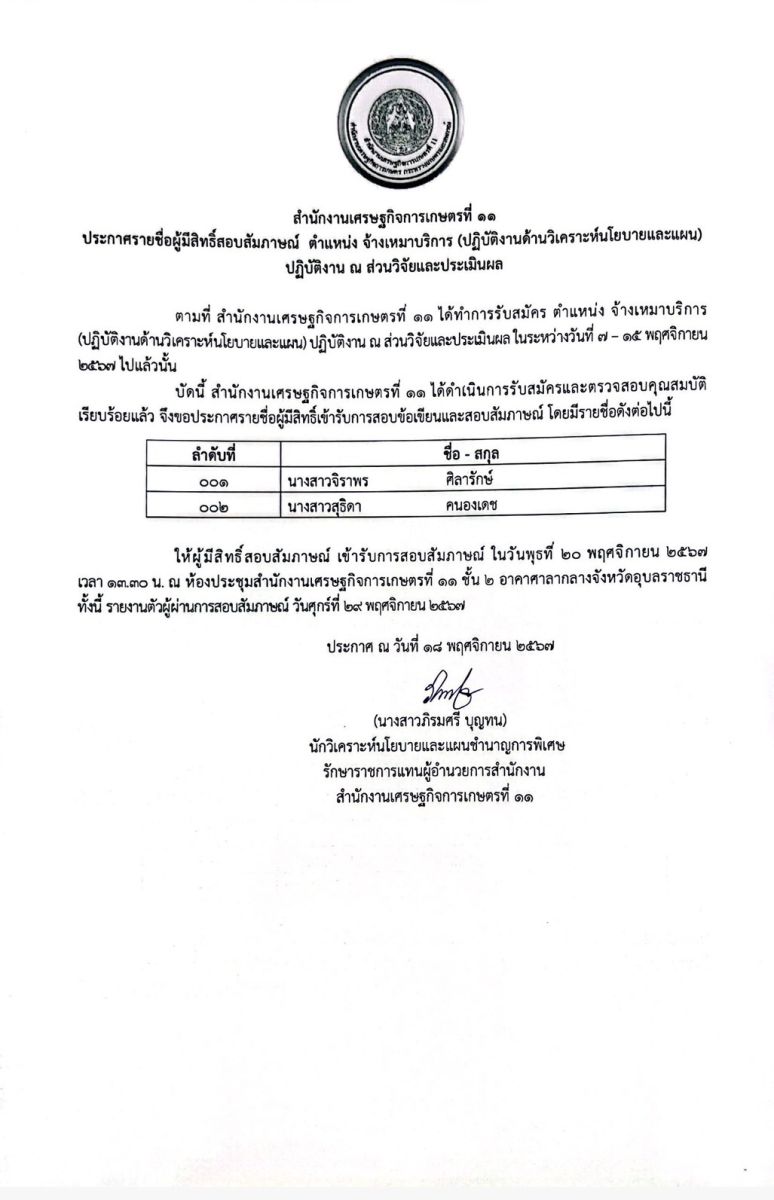 ประกาศรายชื่อผู้มีสิทธิ์สอบสัมภาษณ์ ตำแหน่ง จ้างเหมาบริหาร (ปฏิบัติงานด้านวิเราะห์นโยบายและแผน)