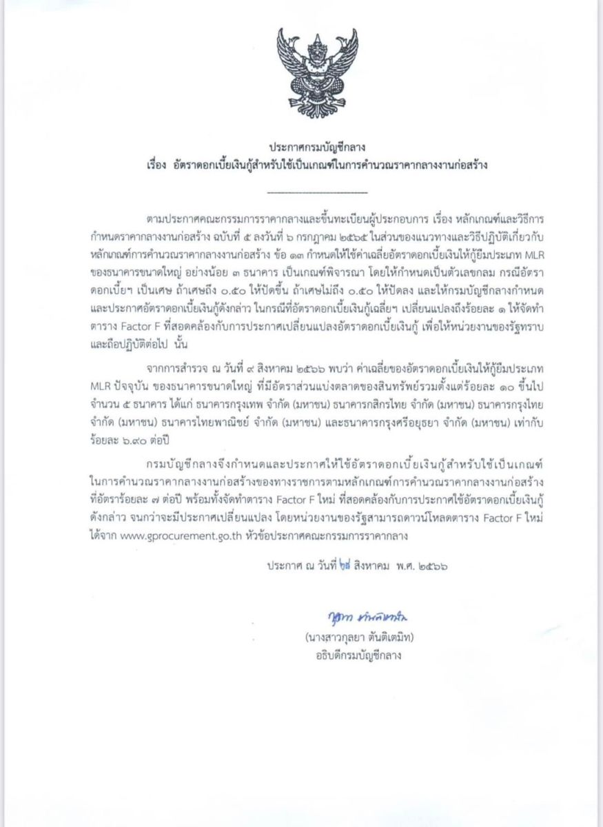 ด่วนที่สุด ที่ กค.0433.2/ว 499 ลงวันที่ 28 สิงหาคม 2566 เรื่องการประกาศอัตราดอกเบี้ยเงินกู้สำหรับใช้เป็นเกณฑ์ในการคำนวณราคากลางงานก่อสร้างและปรับปรุงตาราง FACTOR F ใหม่