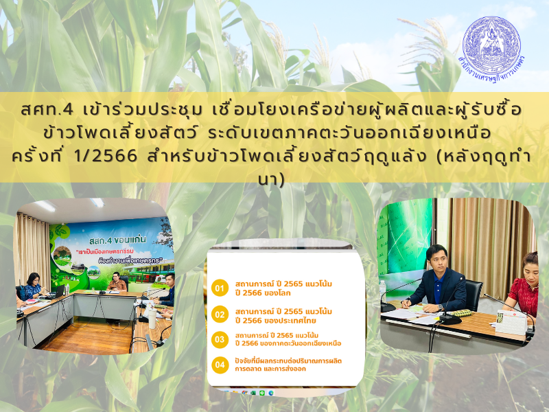 สศท.4 เข้าร่วมประชุม เชื่อมโยงเครือข่ายผู้ผลิตและผู้รับซื้อข้าวโพดเลี้ยงสัตว์ ระดับเขตภาคตะวันออกเฉียงเหนือ ครั้งที่ 1/2566 สำหรับข้าวโพดเลี้ยงสัตว์ฤดูแล้ง (หลังฤดูทำนา) 